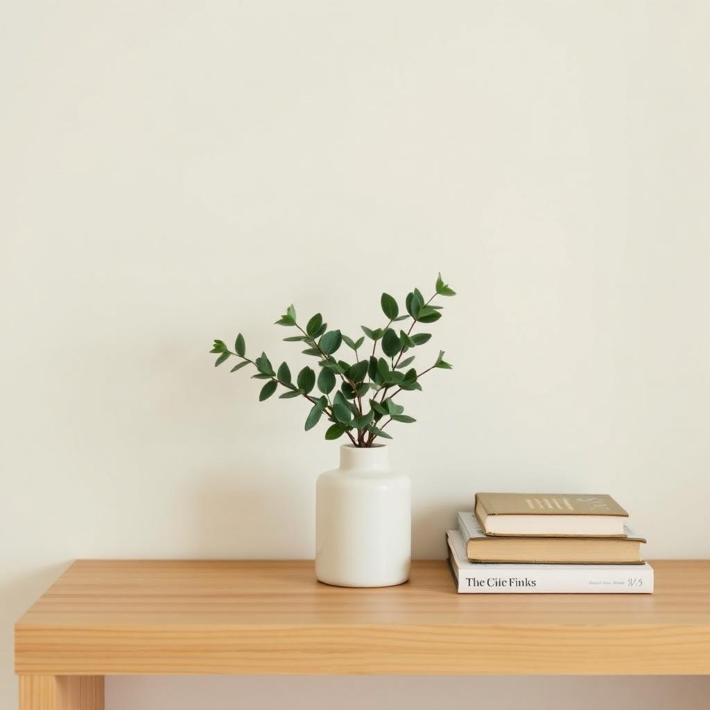 A small plant on a wooden shelf